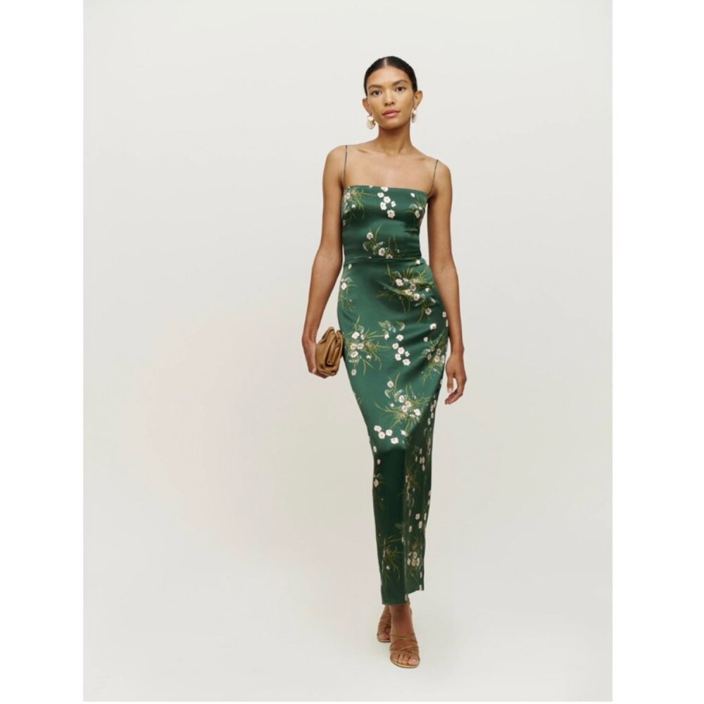 Reformation Green Spaghetti Strap Maxi Satin dress
